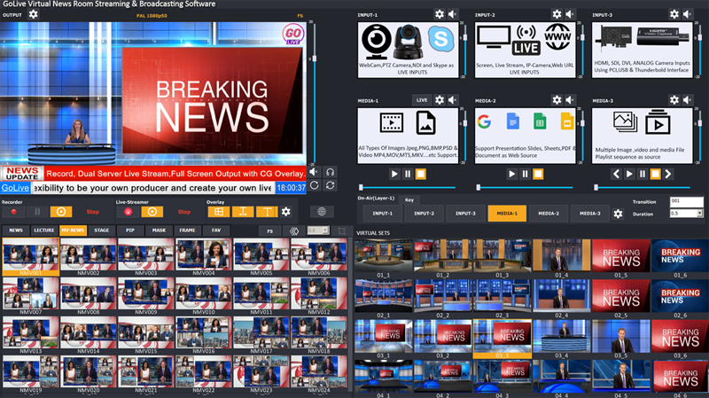 GoLive Real Time Live Event Mixer Switcher Streamer and Recorder Software with Realistic Virtual Set. GoLive Real Time Live Event Mixer Switcher Streamer and Recorder Software with Realistic Virtual Set.
