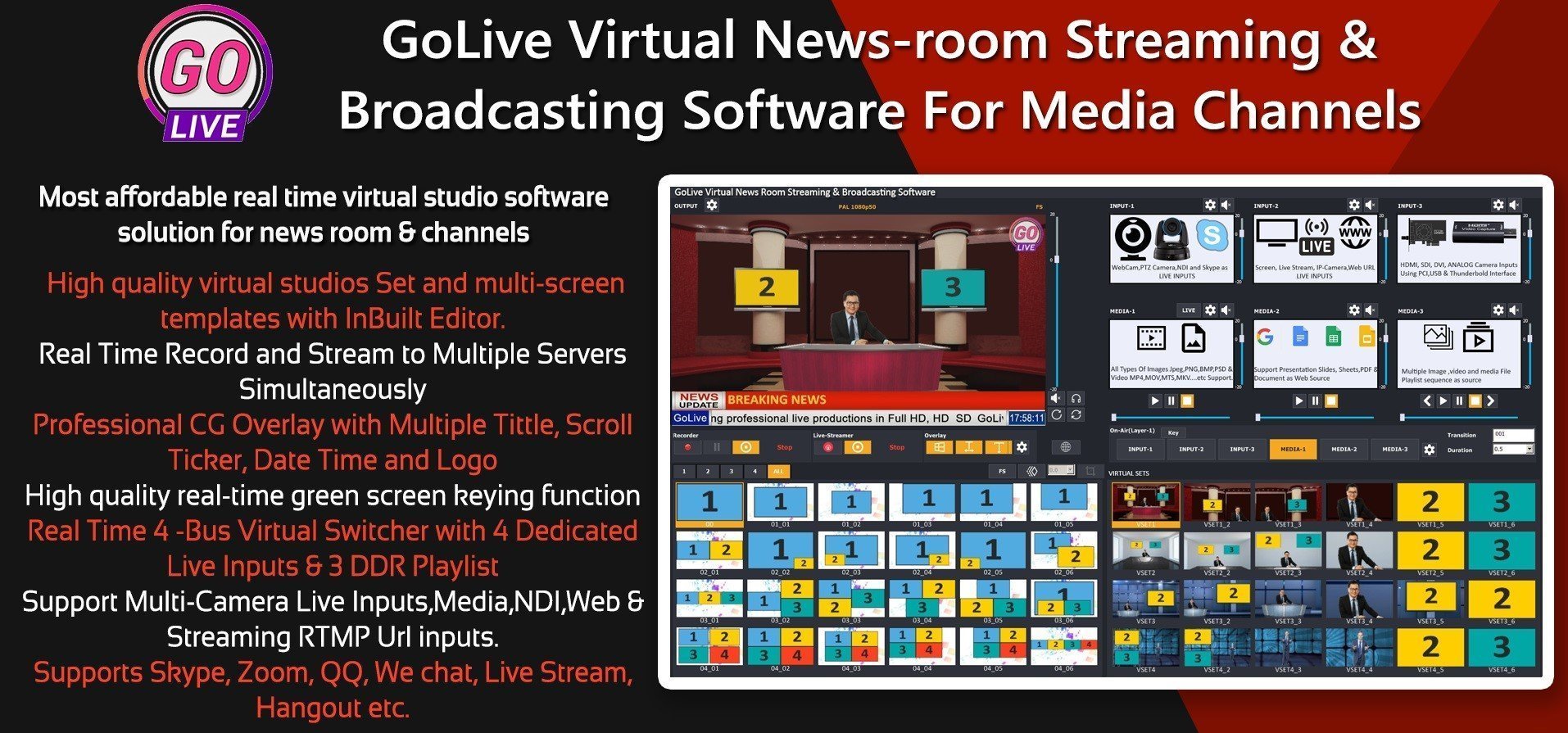 GoLive Real Time Live Event Mixer Switcher Streamer and Recorder Software with Realistic Virtual Set. GoLive Real Time Live Event Mixer Switcher Streamer and Recorder Software with Realistic Virtual Set.