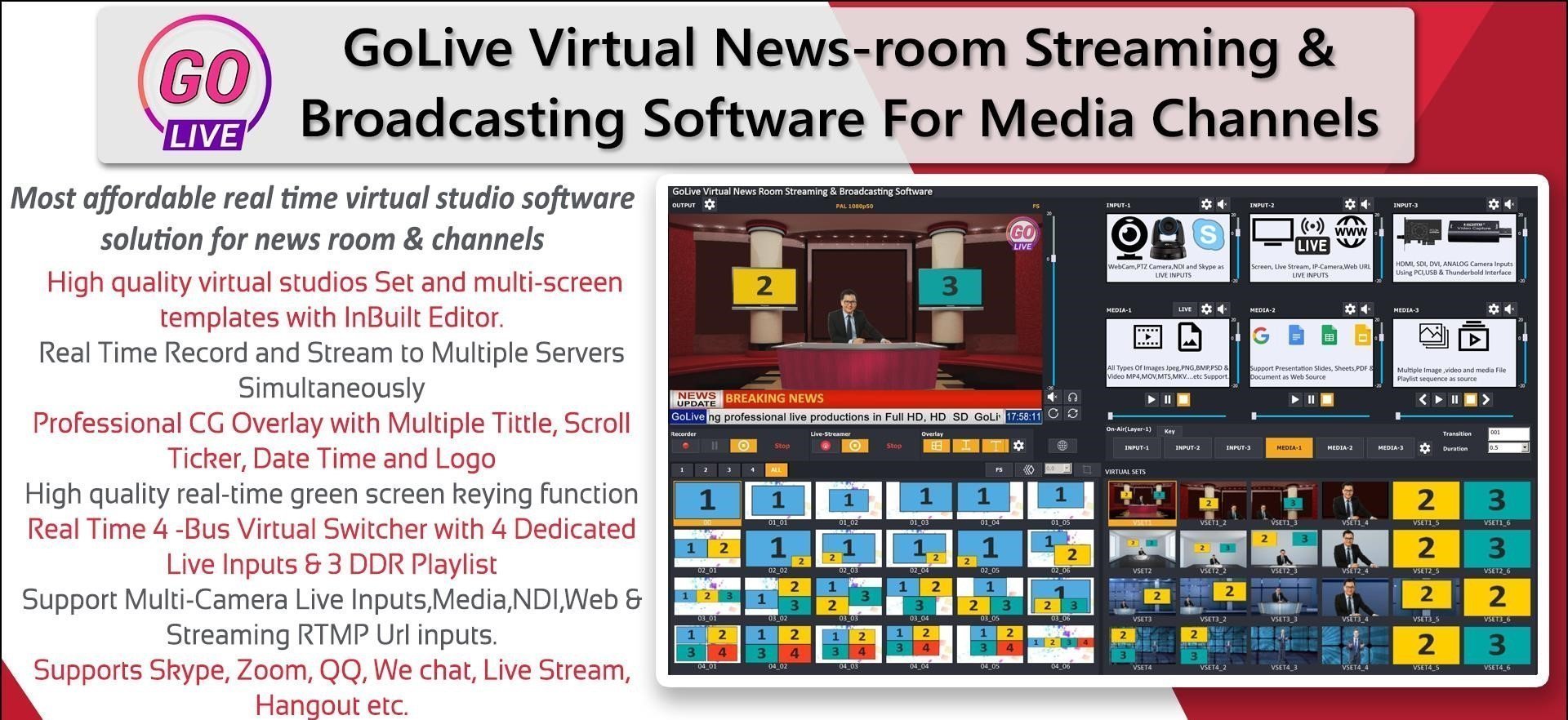 GoLive Real Time Live Event Mixer Switcher Streamer and Recorder Software with Realistic Virtual Set. v