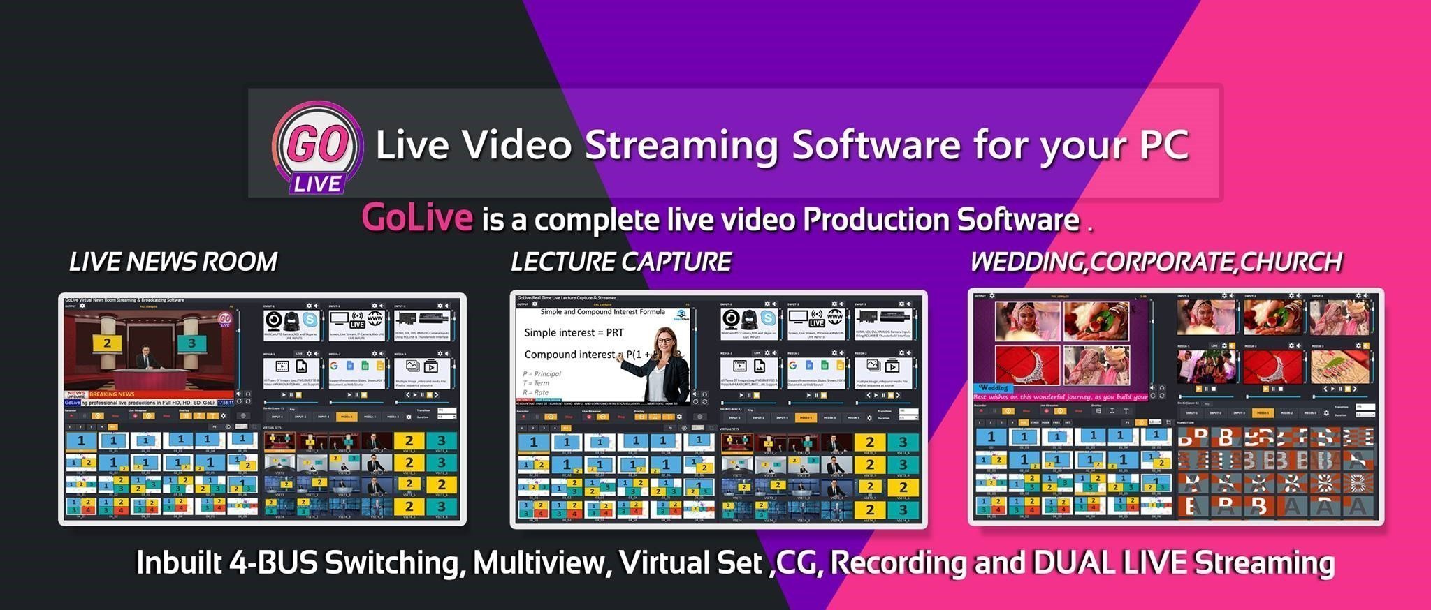 GoLive Real Time Live Event Mixer Switcher Streamer and Recorder Software with Realistic Virtual Set. GoLive Real Time Live Event Mixer Switcher Streamer and Recorder Software with Realistic Virtual Set.