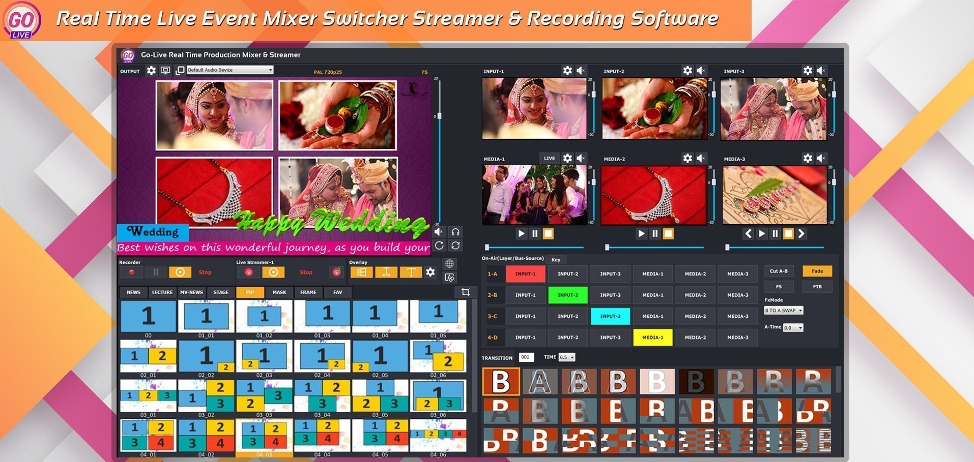 GoLive Real Time Live Event Mixer Switcher Streamer and Recorder Software with Realistic Virtual Set. GoLive Real Time Live Event Mixer Switcher Streamer and Recorder Software with Realistic Virtual Set.