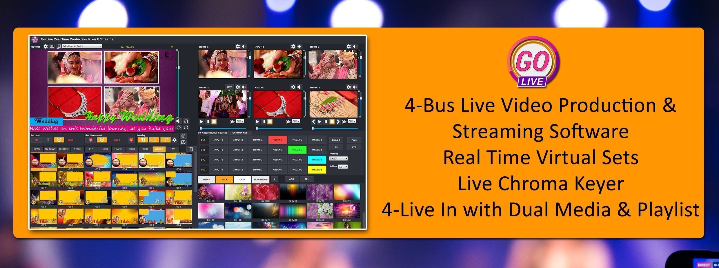 GoLive Real Time Live Event Mixer Switcher Streamer and Recorder Software with Realistic Virtual Set. GoLive Real Time Live Event Mixer Switcher Streamer and Recorder Software with Realistic Virtual Set.