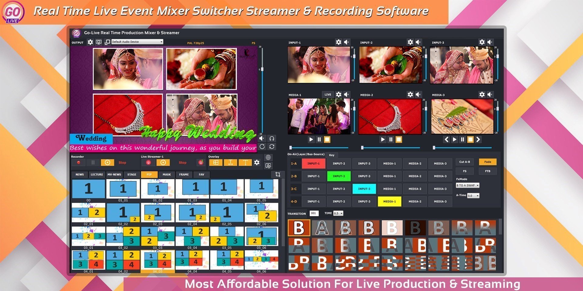 GoLive Real Time Live Event Mixer Switcher Streamer and Recorder Software with Realistic Virtual Set. GoLive Real Time Live Event Mixer Switcher Streamer and Recorder Software with Realistic Virtual Set.