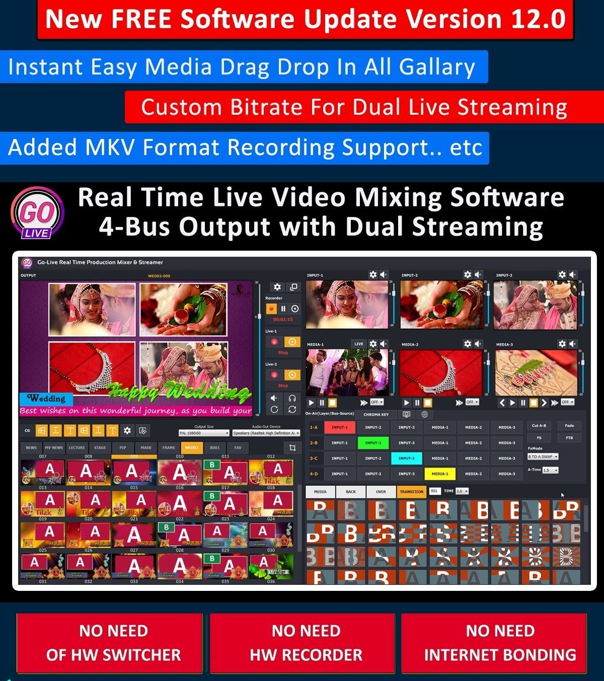 GoLive Real Time Live Event Mixer Switcher Streamer and Recorder Software with Realistic Virtual Set. GoLive Real Time Live Event Mixer Switcher Streamer and Recorder Software with Realistic Virtual Set.