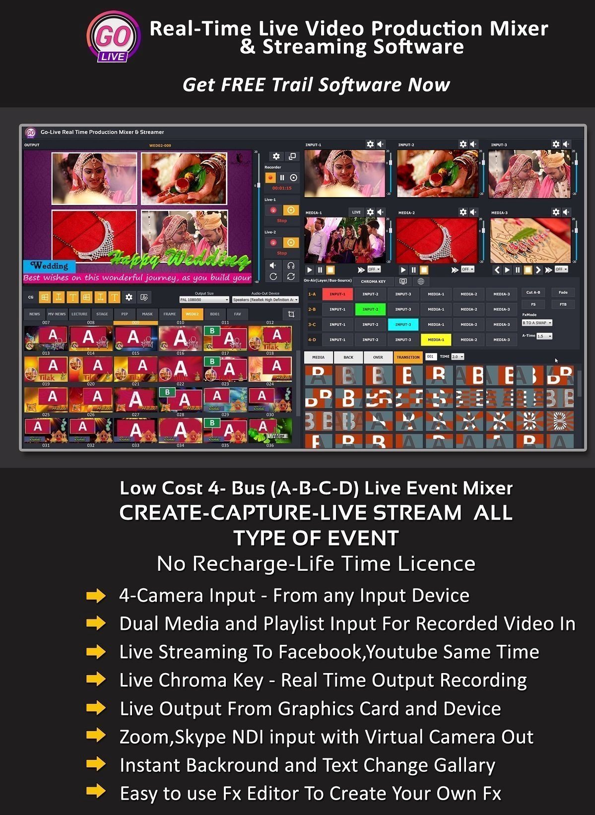 GoLive Real Time Live Event Mixer Switcher Streamer and Recorder Software with Realistic Virtual Set. GoLive Real Time Live Event Mixer Switcher Streamer and Recorder Software with Realistic Virtual Set.