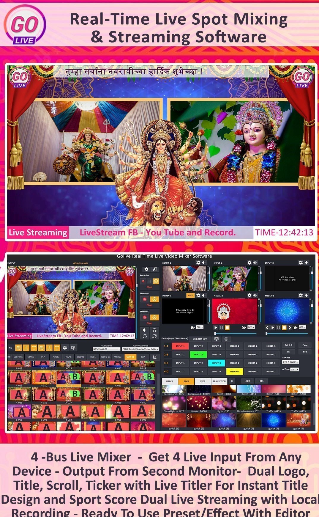 GoLive Real Time Live Event Mixer Switcher Streamer and Recorder Software with Realistic Virtual Set. GoLive Real Time Live Event Mixer Switcher Streamer and Recorder Software with Realistic Virtual Set.