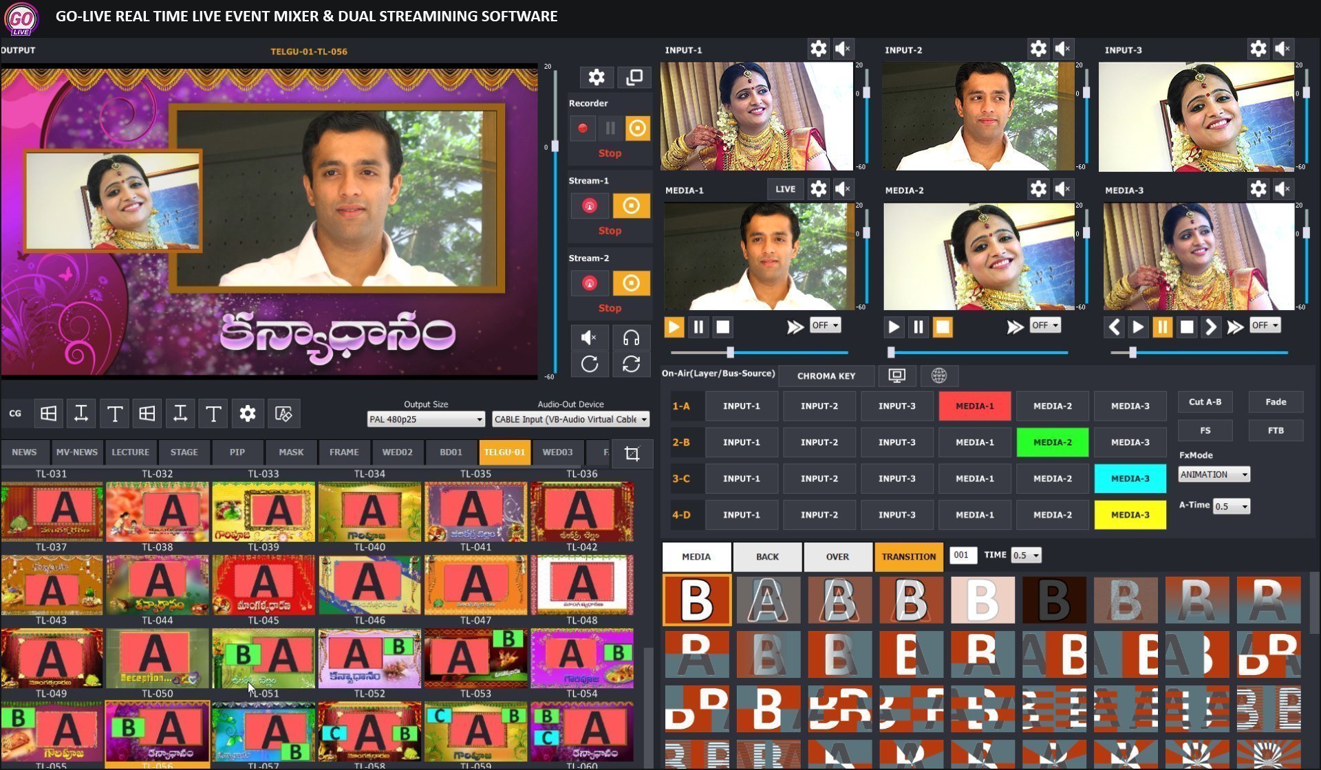 GoLive Real Time Live Event Mixer Switcher Streamer and Recorder Software with Realistic Virtual Set. GoLive Real Time Live Event Mixer Switcher Streamer and Recorder Software with Realistic Virtual Set.