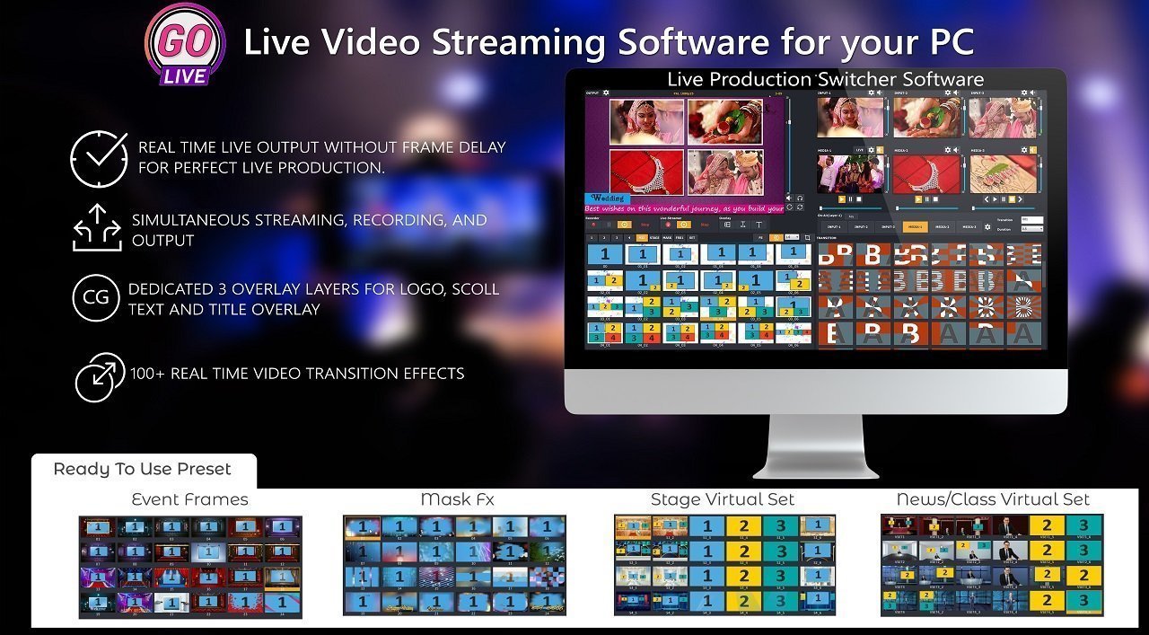 GoLive Real Time Live Event Mixer Switcher Streamer and Recorder Software with Realistic Virtual Set. GoLive Real Time Live Event Mixer Switcher Streamer and Recorder Software with Realistic Virtual Set.