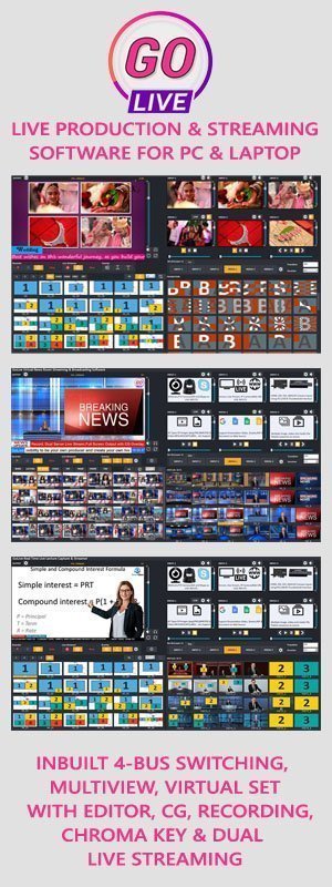 GoLive Real Time Live Event Mixer Switcher Streamer and Recorder Software with Realistic Virtual Set. GoLive Real Time Live Event Mixer Switcher Streamer and Recorder Software with Realistic Virtual Set.